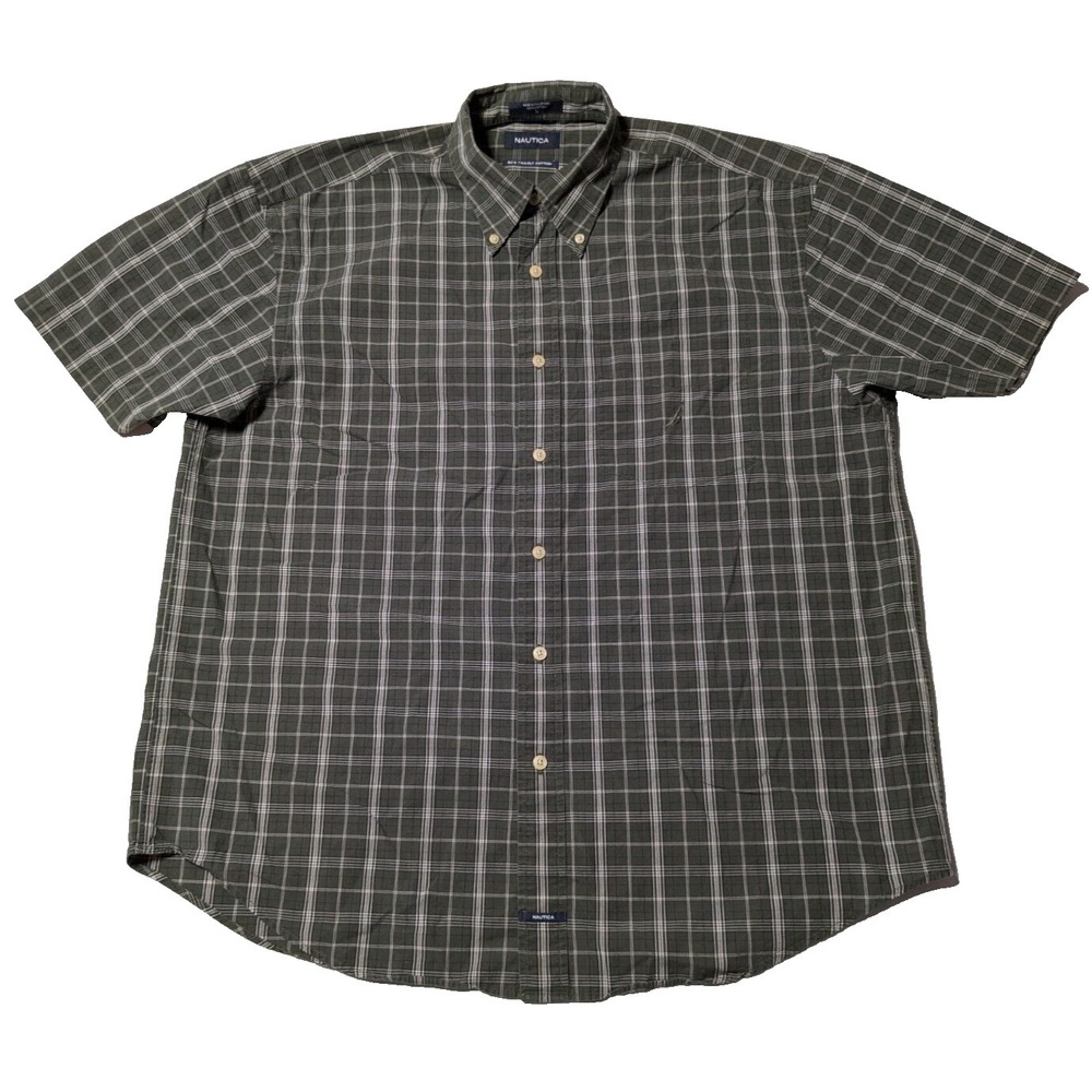 VTG NAUTICA 80s Two-Ply  Cotton Men Large Green Plaid Button Short Sleeve Shirt‎